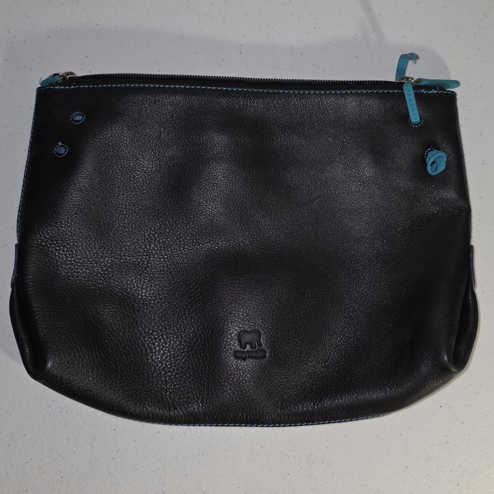 Mywalit Rio Small Zip Top Black Pace Leather Purse *Needs New Strap* 12"x8.5"